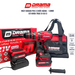 Máy Khoan Pin DRAMA D5513 Động Cơ Không Chổi Than, 3 Chức năng,, Lực Siết 100Nm, Đầu kẹp Autolock 13mm, Có Khóa Trục