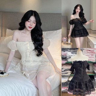 Bigsize Set bộ tơ phối ren cúp ngực tay phồng kèm chân váy phối ren 55-95kg