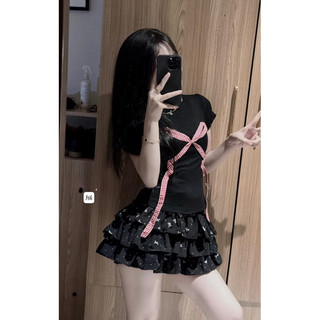 [] Set áo croptop đính nơ kèm chân váy xoè 3 tầng xinh xắn