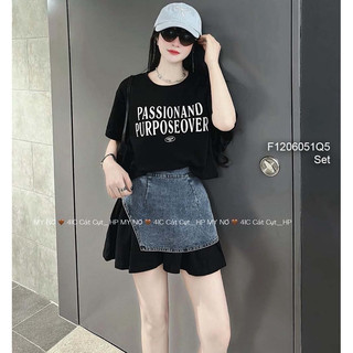 Set áo thun tay ngắn in chữ phối chân váy đắp jean sang trọng VIENS STORE