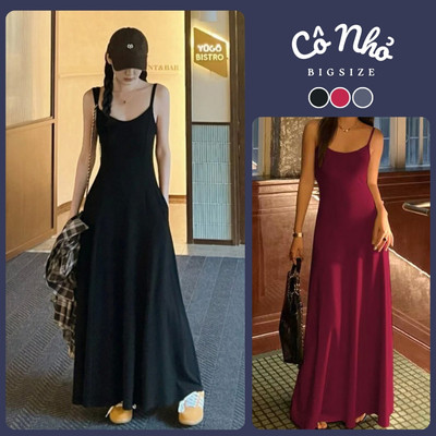 Đầm 2 dây form dài bigsize chất thun gân mềm mịn co giản 2 day bún tùng xòe quyến rũ sang chảnh cho nàng mũm mĩm - G201