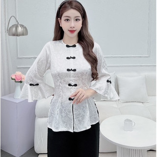 Đồ bộ bà ba cách tân nữ bộ đồ lam ống rộng đồ bà ba nữ đồ bộ bà ba đi chùa vải lụa gấm - cn109