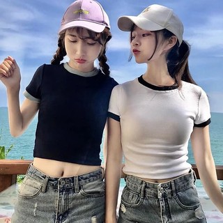 Áo thun croptop body nữ phối lé cổ