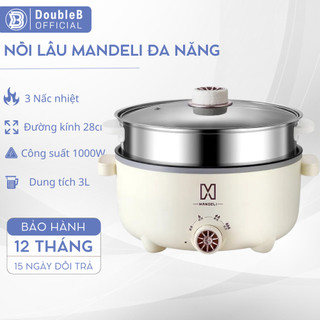 Nồi lẩu điện 2 tầng 28cm mandeli, nồi lẩu điện đa năng kèm xửng hấp công suất 1000w