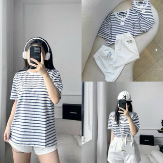 BỘ ÁO PHÔNG NỮ KẺ SỌC THÊU GẤU QUẦN SOOC KAKI TRẮNG MẶC MÁT HOT HIT 2024