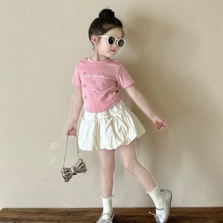 Váy bé gái, set áo phông cộc tay cotton đính nơ phối chân váy có lót dáng phồng cách điệu cho bé 8-28kg PINKYKIDS