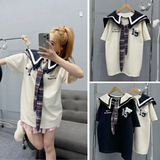 Áo phông thủy thủ học trò phối khăn quàng kẻ sọc caro, áo thun đính gấu bông số 15 chất liệu cotton