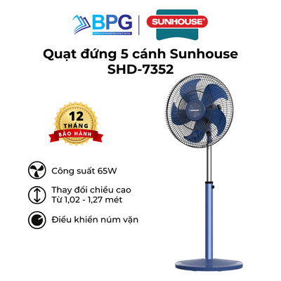Quạt đứng 5 cánh SUNHOUSE SHD-7352 7382 7392 động cơ đồng, gió mạnh, vận hành êm ái, bảo hành 1 năm