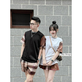 Set Bộ Áo Phông Phối Tay Kẻ Nâu Thêu Cổ Kèm Chân Váy Xếp Li , Quần Đùi Hottren