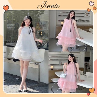 Đầm tầng babydoll chất tơ mềm phối nơ cổ 2 màu siêu xinh Jinnie store