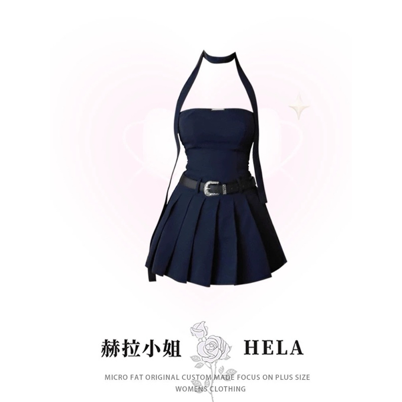 HELA Retro Ống Áo Eo Xếp Ly Váy Ngắn