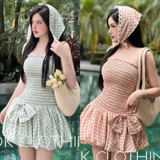 Váy cúp ngực chân bí KÈM KHĂN turban kẻ caro, đầm ống quây cúp ngực chun nhúm họa tiết kẻ kèm khăn xinh xắn đi biển