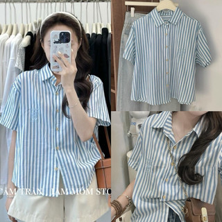 áo sơ mi nữ cộc tay ngắn tay thêu logo smooth mood hoạ tiết kẻ sọc xanh nhạt chất kate hàn mềm thấm hút mồ hôi dài ~50cm