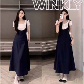 Set yếm váy dài chiết eo kèm áo thun gân tăm cài cúc cộc tay phong cách Hàn Quốc