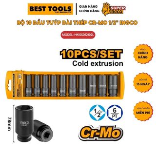 Bộ 10 đầu tuýp dài thép cr-mo 1/2" ingco hkissd12102l
