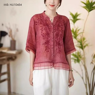 Áo sơ mi linen ngắn tay kamaka cổ đứng thêu hoa lá và in đồng màu - nu10454
