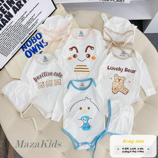 Bodysuit body dài tay kèm mũ bé trai bé gái sơ sinh chất tăm lạnh mát mềm mại thấm hút mồ hôi hoạ tiết đáng yêu