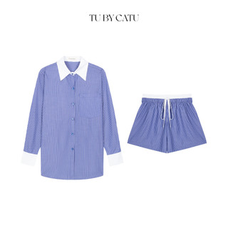 Tubycatu | set áo sơ mi cổ trắng sọc xanh đậm