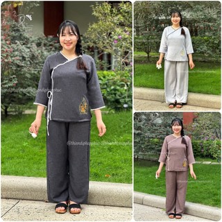 Đồ lam nữ đi chùa bigsize, pháp phục lễ chùa chất vải đũi vân tay lỡ thêu lá bồ đề Thiên Di D12