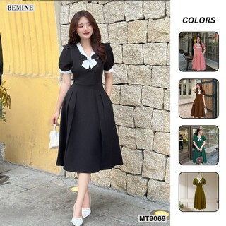 Đầm thiết kế cổ viền đính nơ dáng xếp ly BEMINE MT9069