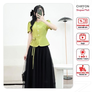 Áo ký giả peplum cài hoa cao cấp Chiffon