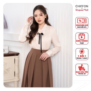 Áo sơ mi nữ lụa gân cài hoa cổ tim cao cấp Chiffon