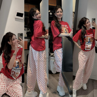 Set áo gấu đỏ mix quần chấm bi dài nữ