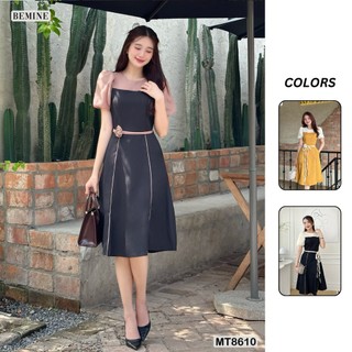 Đầm thiết kế phối tay phồng đính nơ eo BEMINE MT8610