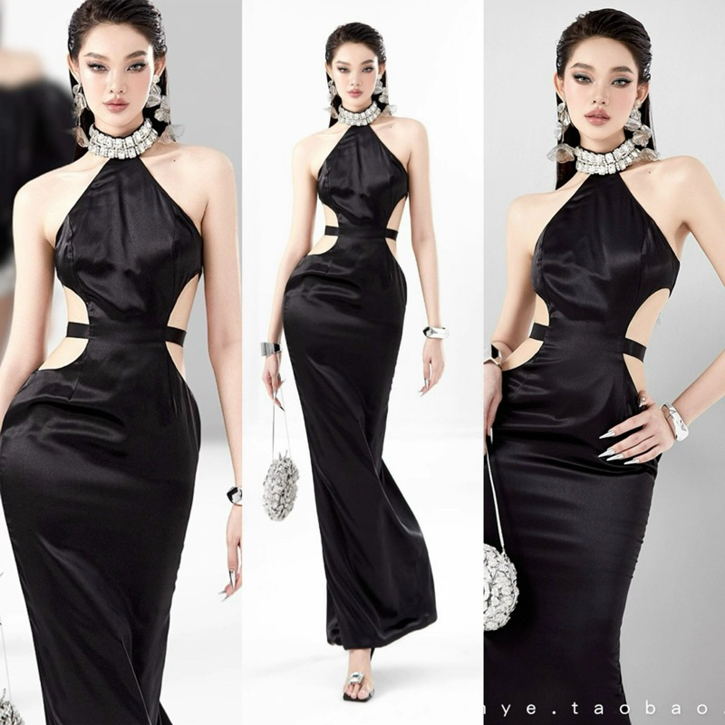 đầm phi lụa cổ yếm đính đá - đi dự tiệc, đám cưới, sinh nhật