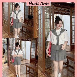 Set Bộ Đồ Nữ 3 Món Áo Phông Trắng Thêu Ngựa Kèm Khăn Thủy Thủ Mix Chân Váy Thom Thêu Cún Dập Ly Freesize