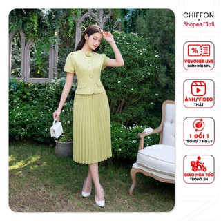 Áo vest ký giả cài hoa cao cấp CHIFFON, Chân váy dập ly rẻ quạt CHIFFON