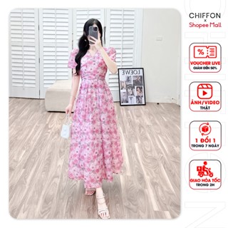 Váy đầm tơ họa tiết dây đai eo thiết kế Chiffon