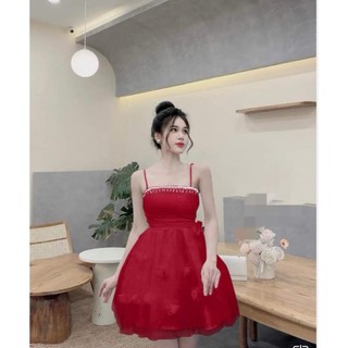 Đầm đi tiệc, chất Tapta chuỗi đá phối 2 lớp lưới đính bông siêu xinh