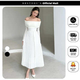 Đầm xòe trễ vai tay dài dự tiệc tùng váy dập ly phối dây thắt cột nơ sang trọng bbstore's -d3123