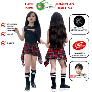 Set Bộ Thể Thao Tập Nhảy FANEKIDS Áo Croptop Quần Short Vạt Caro Đỏ Cá Tính Đi Chơi Đi Picnic Cho Bé Gái 8-48kg