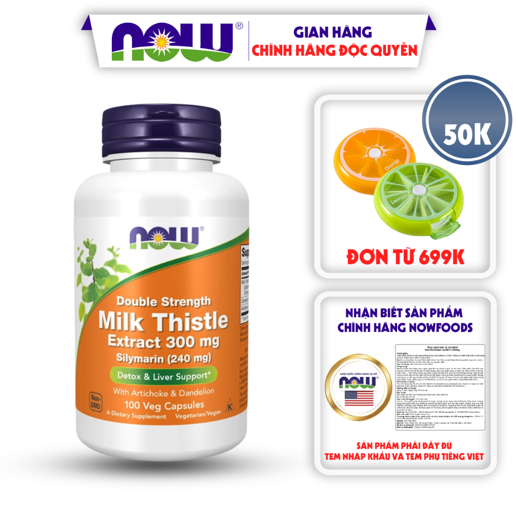 Thải độc gan Now Double Streng Milk Thistle Extract 300mg giúp bổ gan, làm mát gan, tăng cường chức năng gan 100 viên