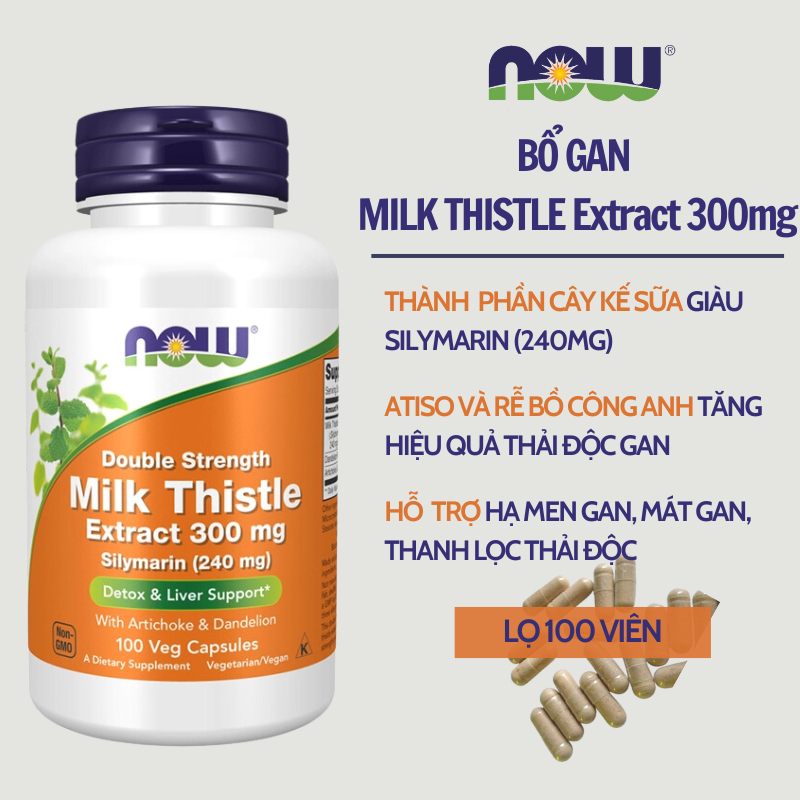 Thải độc gan Now Double Streng Milk Thistle Extract 300mg giúp bổ gan, làm mát gan, tăng cường chức năng gan 100 viên