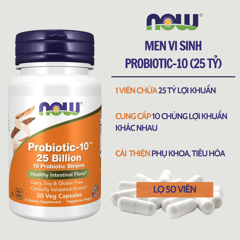 Men vi sinh bổ sung lợi khuẩn Now Foods Probiotic-10 25 Billion chứa 25 tỷ lợi khuẩn, hỗ trợ hệ tiêu hóa, phụ khoa 50v