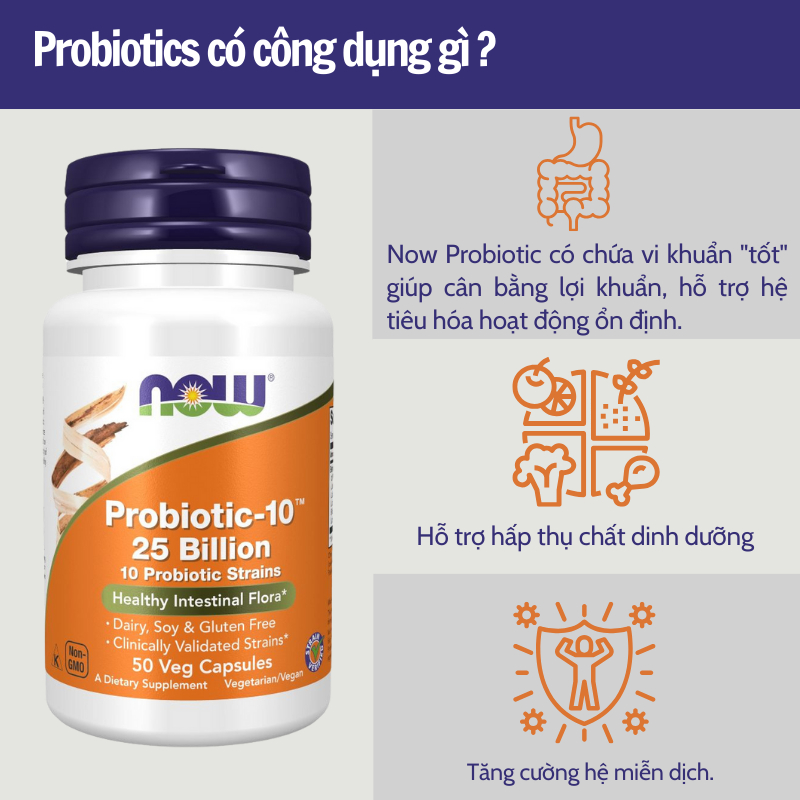 Men vi sinh bổ sung lợi khuẩn Now Foods Probiotic-10 25 Billion chứa 25 tỷ lợi khuẩn, hỗ trợ hệ tiêu hóa, phụ khoa 50v