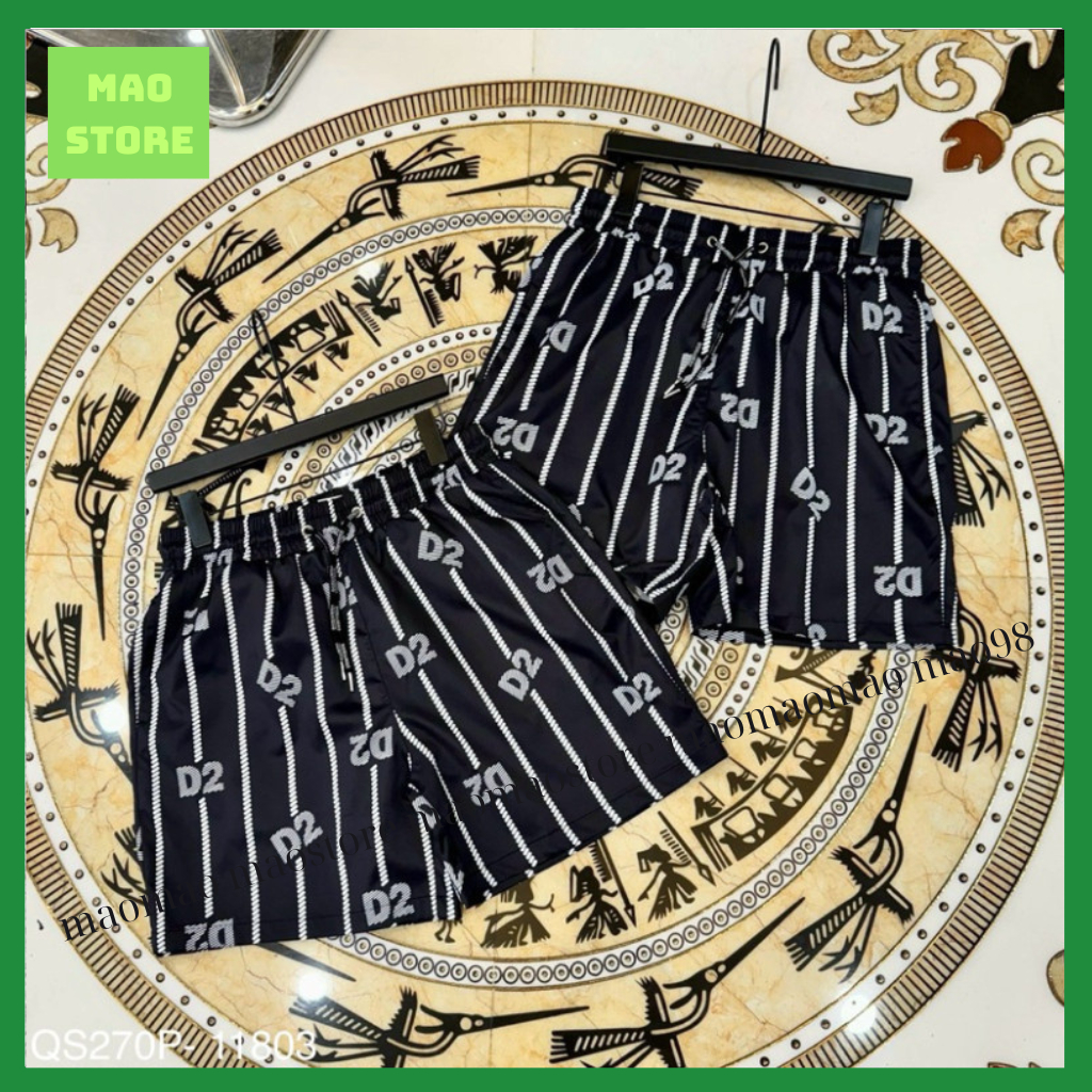 Quần Short Gió Nam DSQ Đen In Hoạ Tiết Kẻ Sọc Logo Chữ D2 Monogram Cạp Chun Dây Rút .Quần Đùi Siêu Cấp Cho Boy Phố Hot