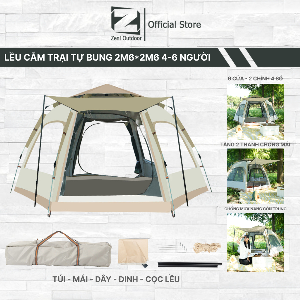  Lều cắm trại lều tự bung lục giác 6 cửa 2 cửa chính 4 cửa sổ nhóm 6-8 người chống tia UV chống mưa chống côn trùng 