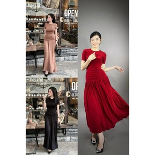 Đầm body cổ tròn tay ngắn dáng xoè nhún bo eo thanh lịch - Thun gân lạnh 711
