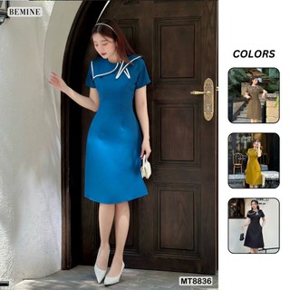 Đầm thiết kế cổ nơ phối viền ngắn tay tùng chữ A BEMINE MT8836