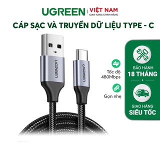 Cáp sạc nhanh type-c ugreen 3a 18w 60126 truyền dữ liệu, dây dù đầu cắm usb a to usb c us288