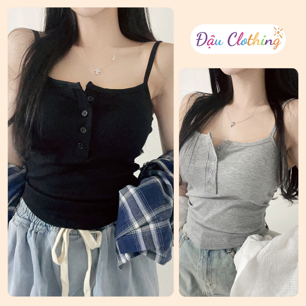 Áo 2 Dây Nữ Dáng Ngắn CÓ BIGSIZE Phối Nút Cài Sành Điệu Vải Thun Gân Mềm Co Giãn G171