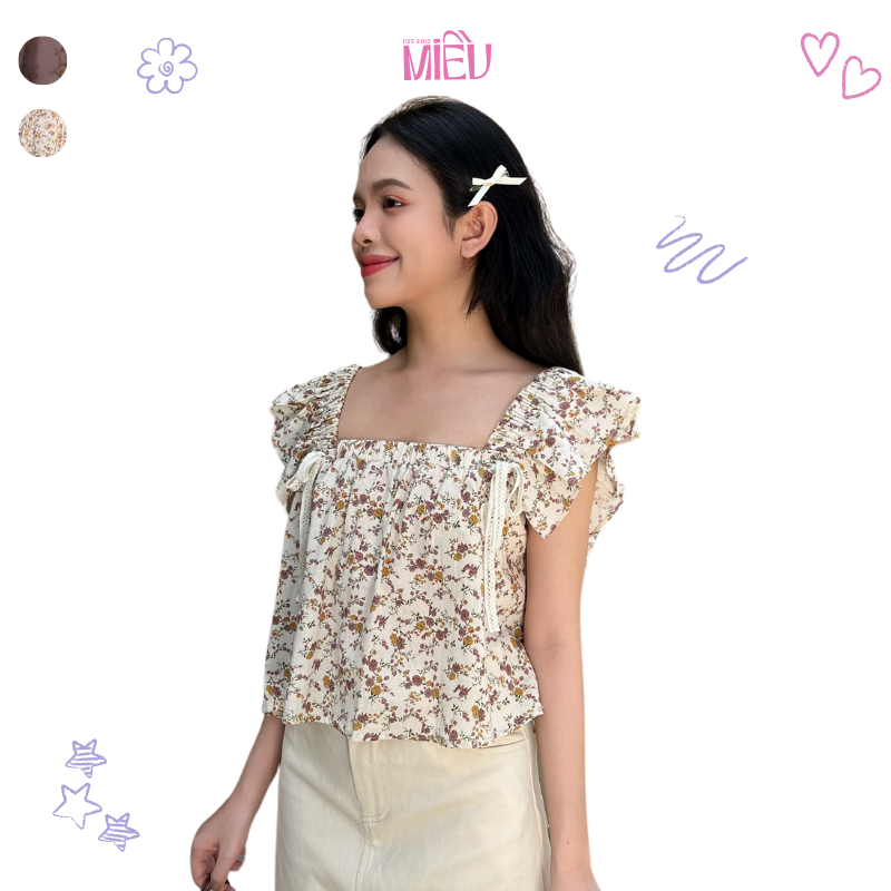 Áo kiểu nữ form ngắn tay phồng cổ chữ U họa tiết hoa Jessie Miều Est.2013
