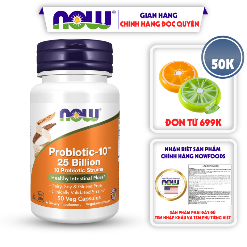 Men vi sinh bổ sung lợi khuẩn Now Foods Probiotic-10 25 Billion chứa 25 tỷ lợi khuẩn, hỗ trợ hệ tiêu hóa, phụ khoa 50v