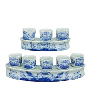Bộ thờ chén kỷ, choé, nậm, trà thờ cúng men xanh lam vẽ sen