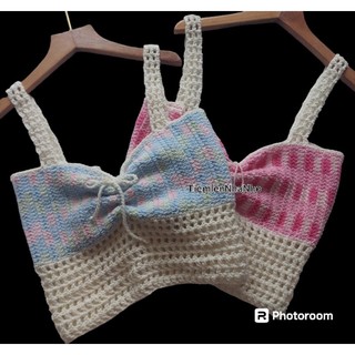 Áo len crochet phối lưới cột dây lưng