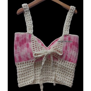Áo len crochet phối lưới cột dây lưng